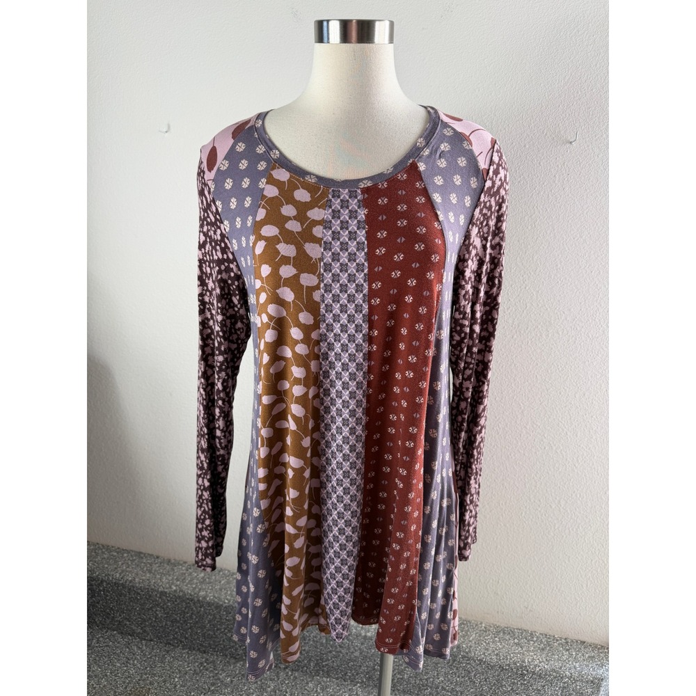LOGO Lori Goldstein Womens Large Mixed Print Patchwork Tunic Top Floral Pockets
